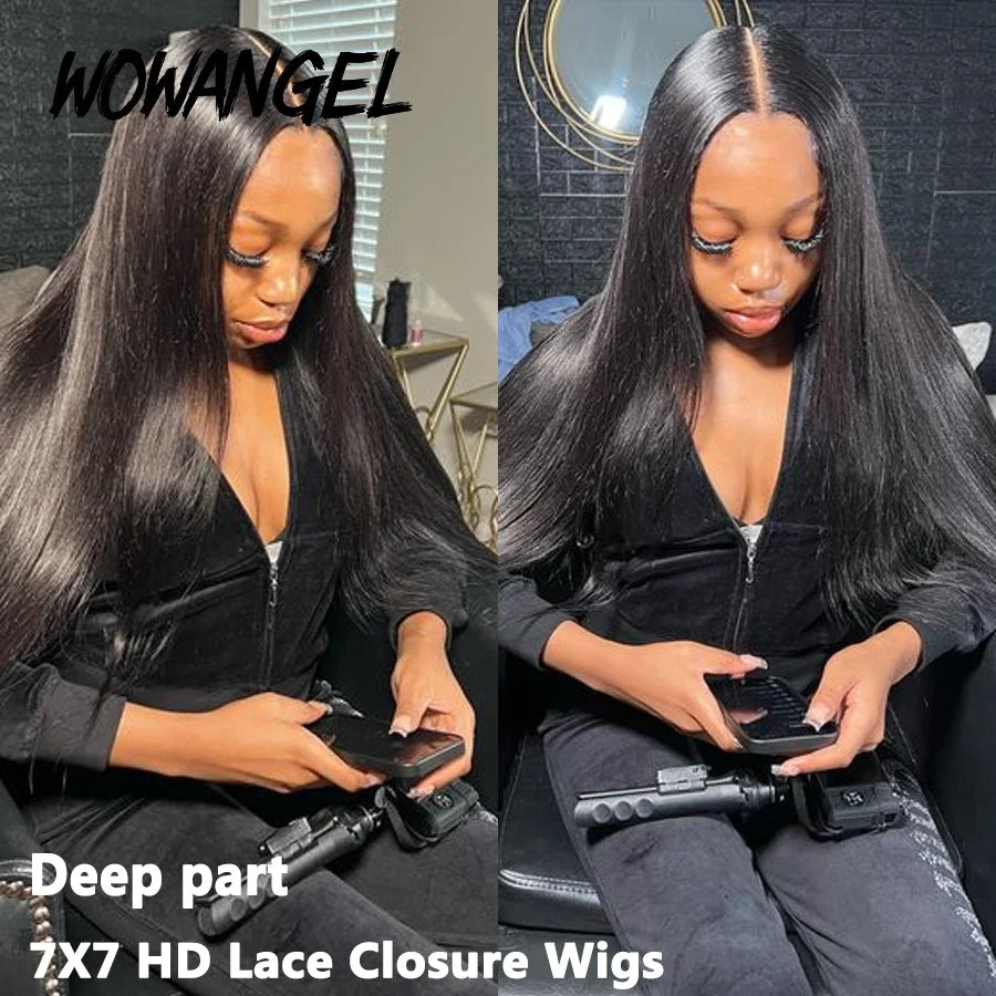 Wow Angel Glueless Wigs 5x5 HD Lace Closure Wigs Silk Straight Melt Skins Deep Part Ready to Go Human Hair Wig Remy For Woman