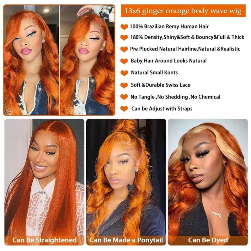 36 Inch Ginger Orange Body Wave 13x4 Lace Frontal Wig 200 Density 13x6 #350 Colored Wavy Lace Front Human Hair Wig For Women