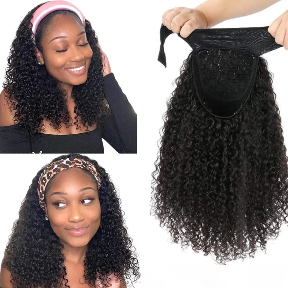Glueless Deep Wave Headband Wig Human Hair Natural Black Curly Headband Wigs for Black Women 180% Density Brazilian Virgin Hair
