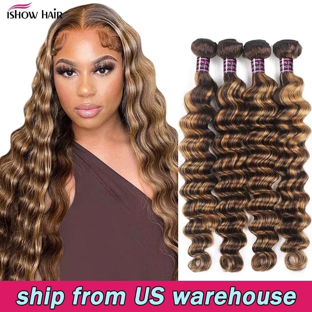 Ishow Brazilian Highlight Loose Deep Wave Bundles 4/27 Honey Blonde Human Remy Hair Extensions 1 3 4 PCS Ombre Hair For Women