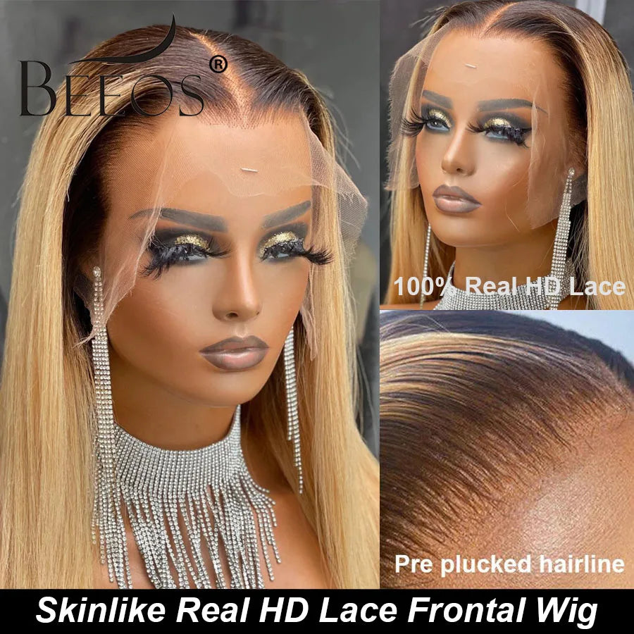 BEEOS Skinlike 13X6 HD Lace Frontal Wig Ombre Blonde Straight 13x4 HD Lace Full Front Human Hair Wigs For Women Pre plucked Hair