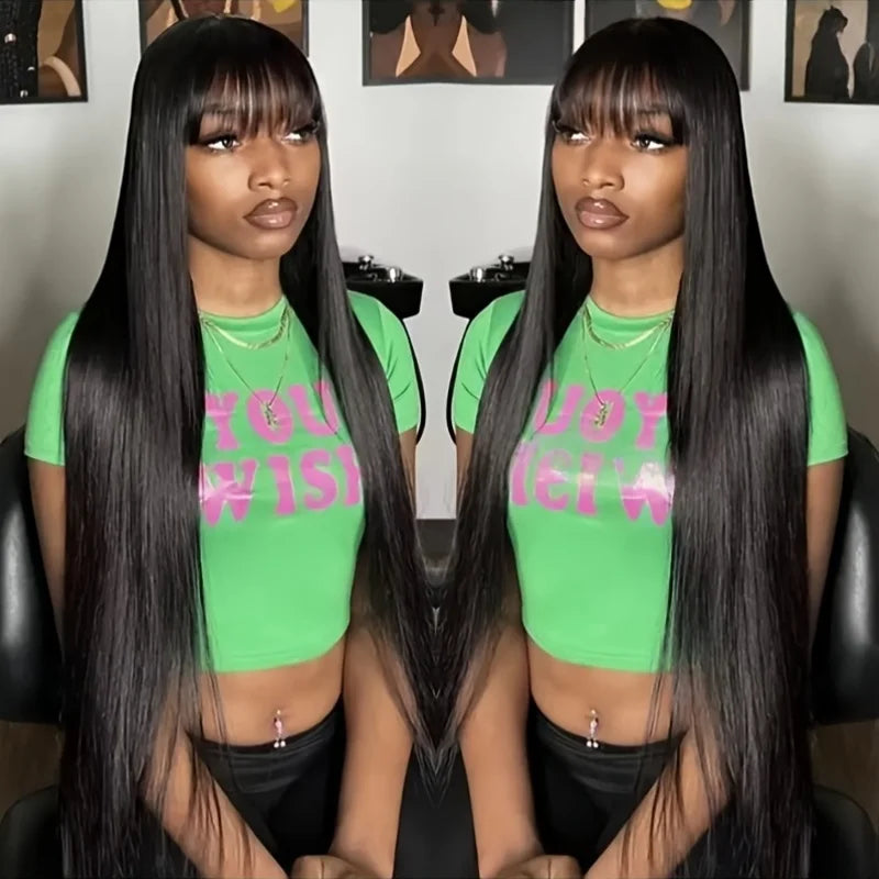 3X1 Wig With Bangs Straight Human Hair Wigs For Brazilian Women 200 Density Natural Color Full Machine Made Wigs Glueless Wig