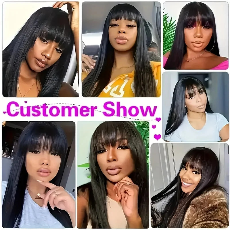 3X1 Wig With Bangs Straight Human Hair Wigs For Brazilian Women 200 Density Natural Color Full Machine Made Wigs Glueless Wig