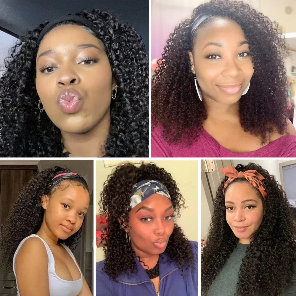 Glueless Deep Wave Headband Wig Human Hair Natural Black Curly Headband Wigs for Black Women 180% Density Brazilian Virgin Hair