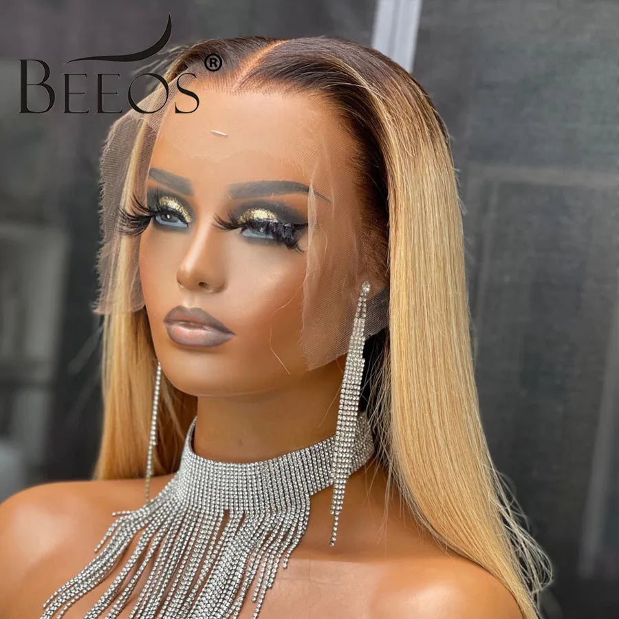 BEEOS Skinlike 13X6 HD Lace Frontal Wig Ombre Blonde Straight 13x4 HD Lace Full Front Human Hair Wigs For Women Pre plucked Hair