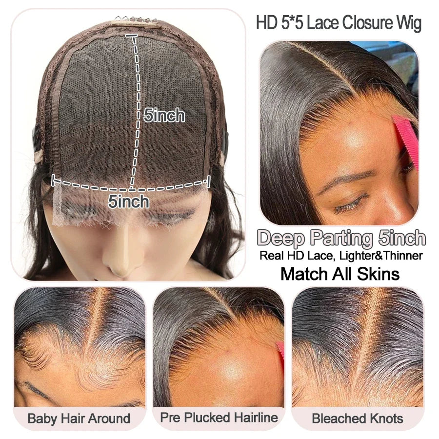 BEEOS 250% Invisible 13*6 HD Lace Full Frontal Human Hair Wigs Straight Pre Plucked 5*5 HD Lace Closure Wig For Women Brazilian