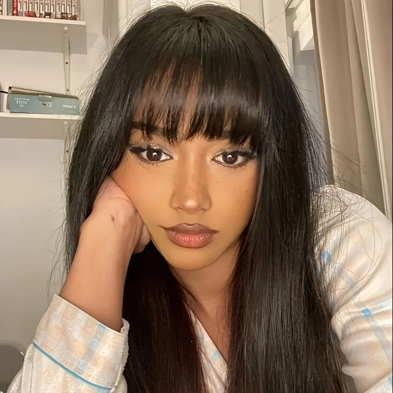 3X1 Wig With Bangs Straight Human Hair Wigs For Brazilian Women 200 Density Natural Color Full Machine Made Wigs Glueless Wig