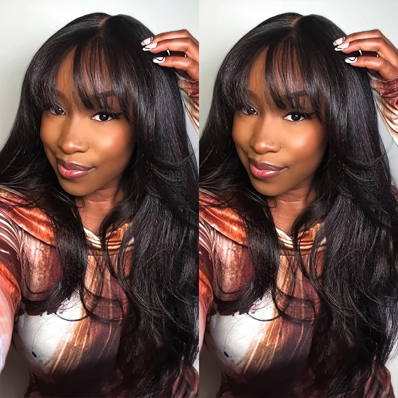 3X1 Wig With Bangs Straight Human Hair Wigs For Brazilian Women 200 Density Natural Color Full Machine Made Wigs Glueless Wig