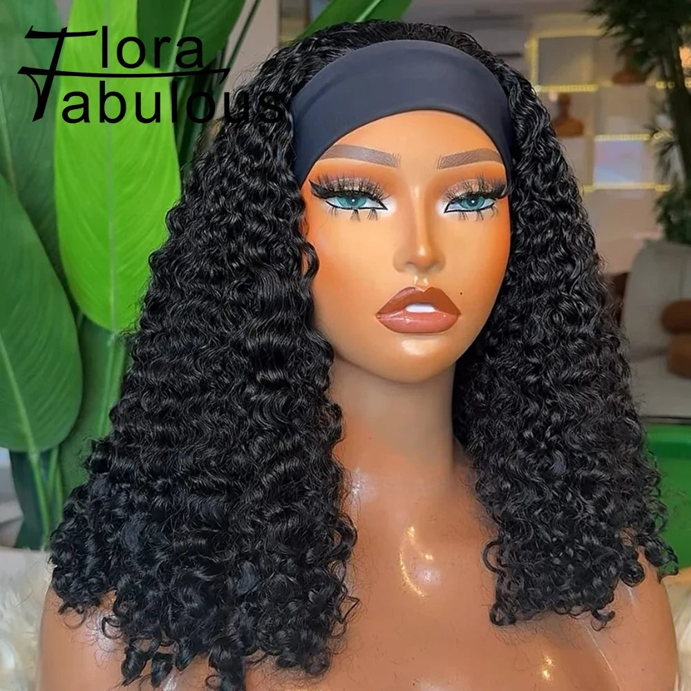 Glueless Deep Wave Headband Wig Human Hair Natural Black Curly Headband Wigs for Black Women 180% Density Brazilian Virgin Hair