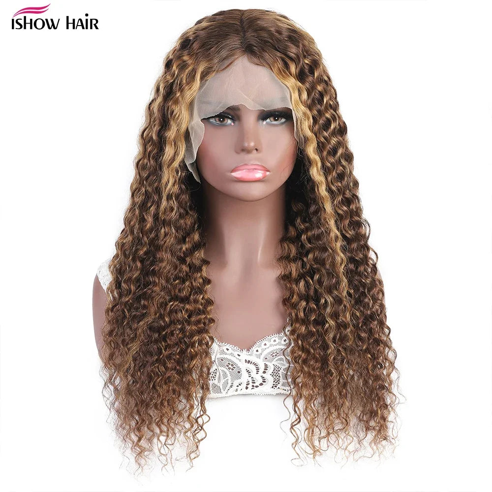 Ishow Kinky Curly Highlight Wig Human Hair Transparent 13x4 Lace Front Human Hair Wigs Pre Plucked P4 27 Colored Wig