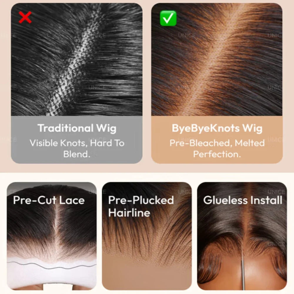 UNice 7x5 Bye Bye Slip Black to Chestnut Brown Ombre Yaki Straight Human Hair Wigs With Invisi Drawstring