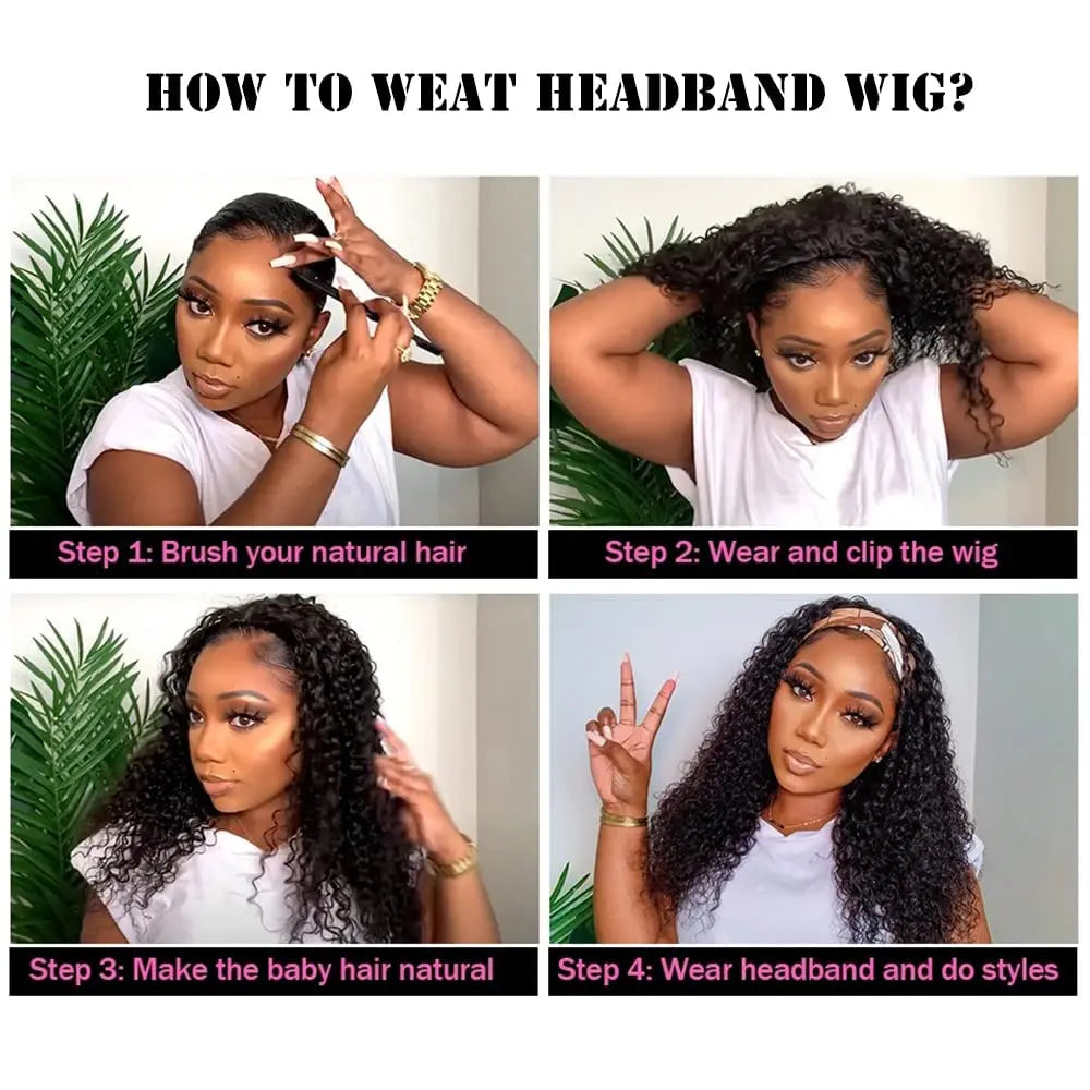 Glueless Deep Wave Headband Wig Human Hair Natural Black Curly Headband Wigs for Black Women 180% Density Brazilian Virgin Hair