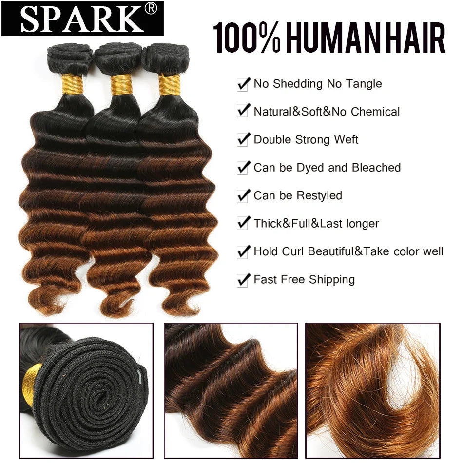 Spark Brazilian Loose Deep Wave Bundles With Closure Ombre Hair Human Hair With Lace Closure Remy Hair Extension Medium  Ratio