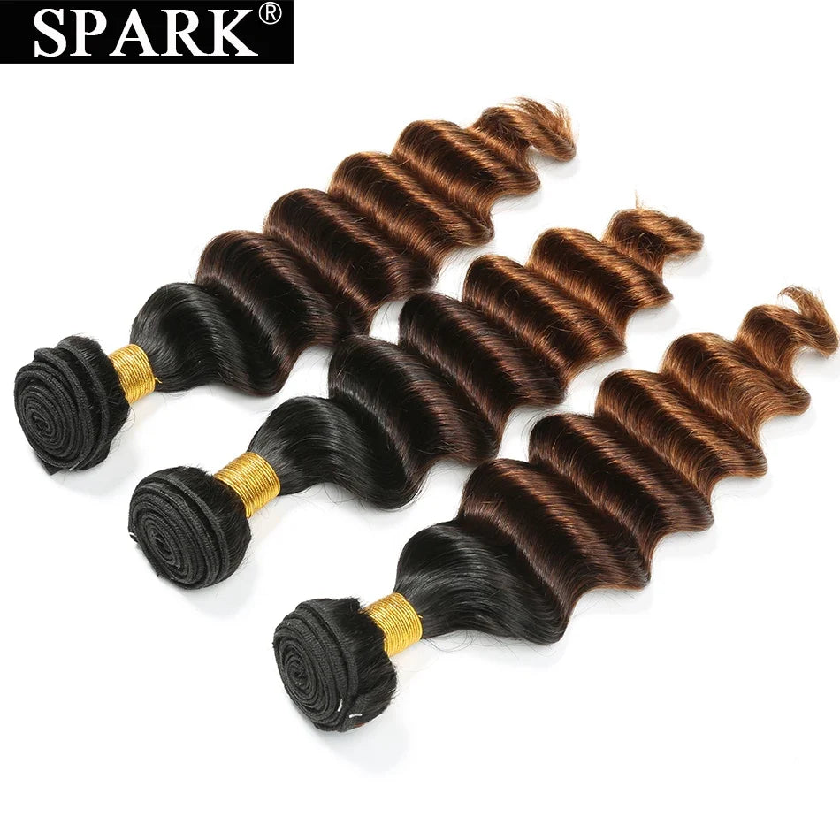 Spark Brazilian Loose Deep Wave Bundles With Closure Ombre Hair Human Hair With Lace Closure Remy Hair Extension Medium  Ratio