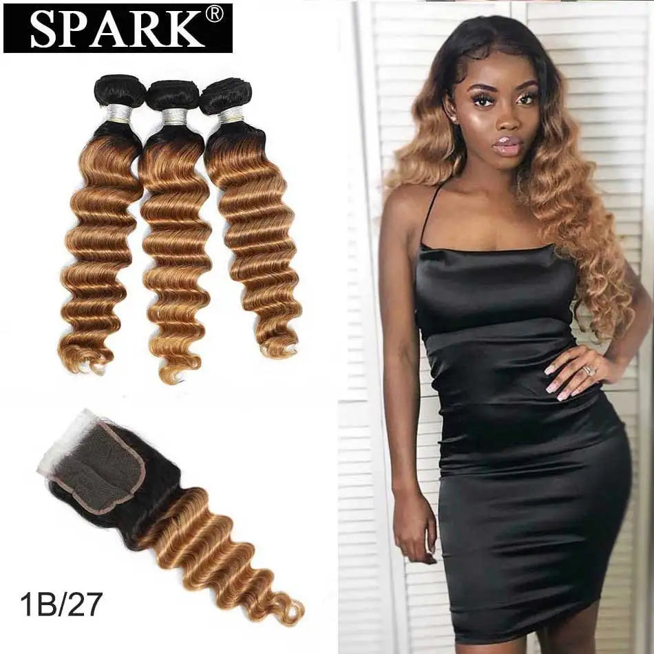 Spark Brazilian Loose Deep Wave Bundles With Closure Ombre Hair Human Hair With Lace Closure Remy Hair Extension Medium  Ratio
