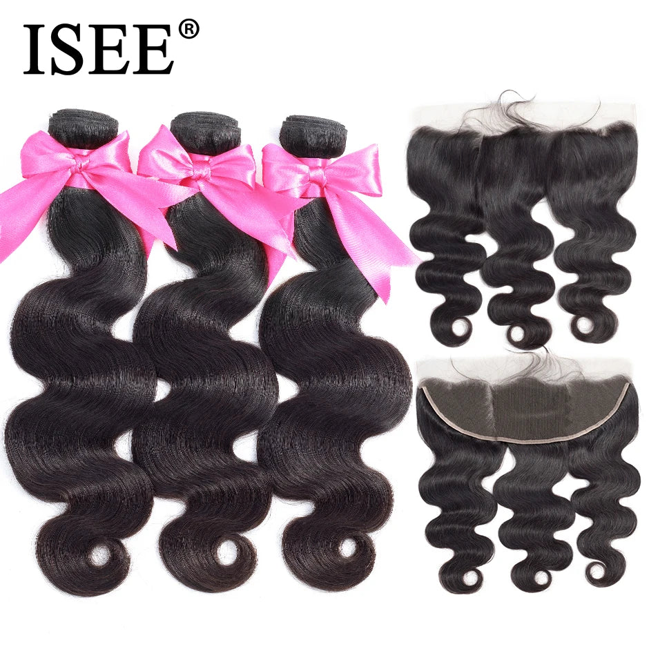ISEE HAIR Human Hair Bundles With Frontal 13*4 Pre Plucked Lace Frontal Remy Peruvian body Wave Bundles With Frontal