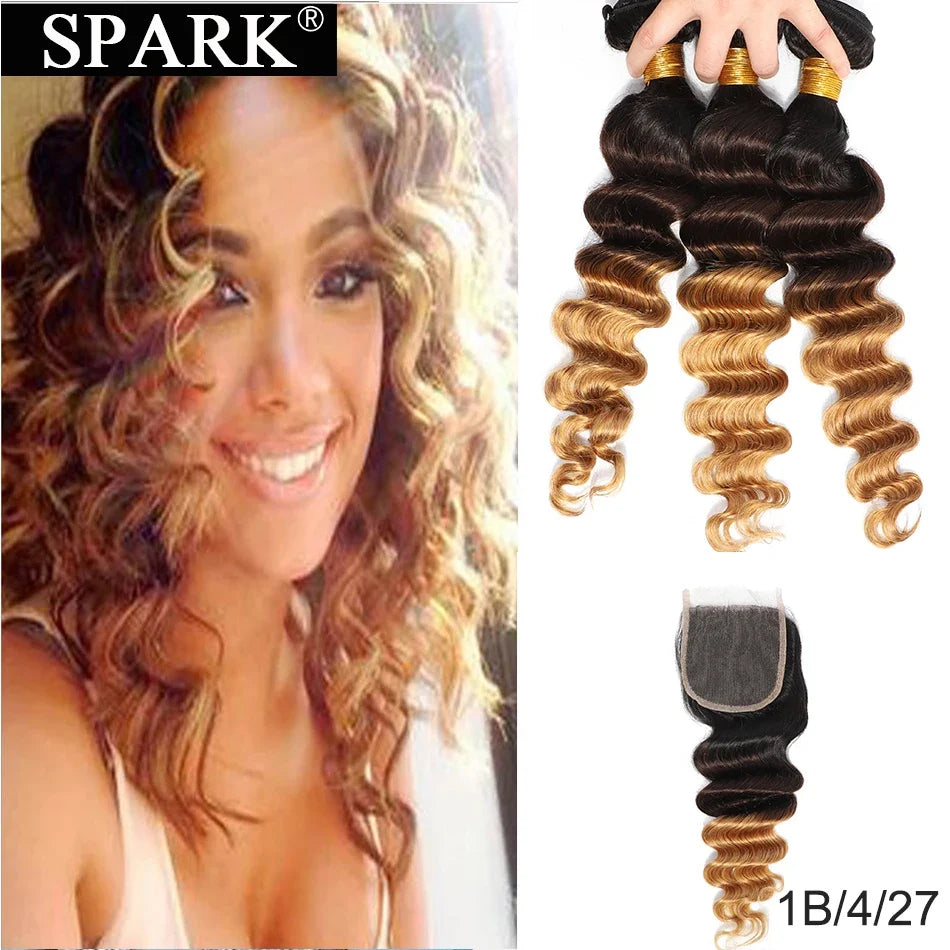 Spark Brazilian Loose Deep Wave Bundles With Closure Ombre Hair Human Hair With Lace Closure Remy Hair Extension Medium  Ratio