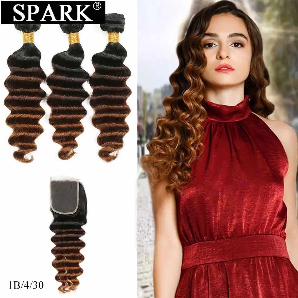 Spark Brazilian Loose Deep Wave Bundles With Closure Ombre Hair Human Hair With Lace Closure Remy Hair Extension Medium  Ratio