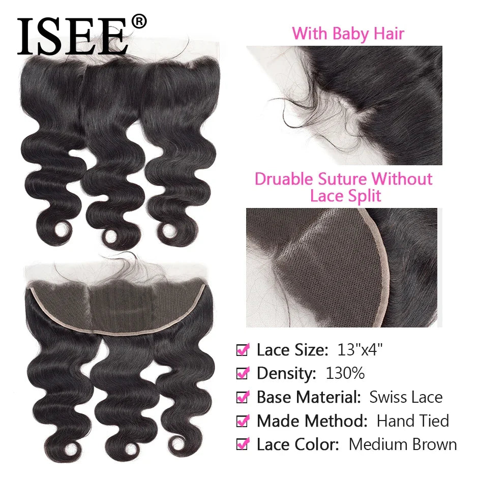 ISEE HAIR Human Hair Bundles With Frontal 13*4 Pre Plucked Lace Frontal Remy Peruvian body Wave Bundles With Frontal