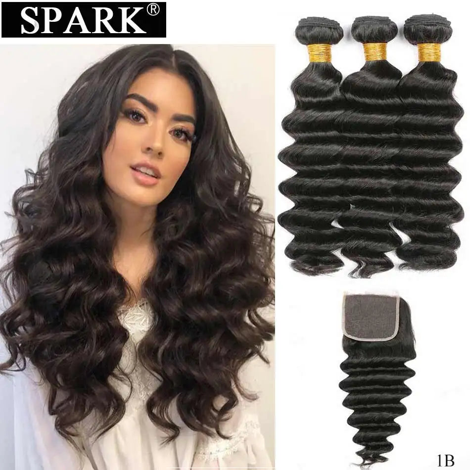 Spark Brazilian Loose Deep Wave Bundles With Closure Ombre Hair Human Hair With Lace Closure Remy Hair Extension Medium  Ratio