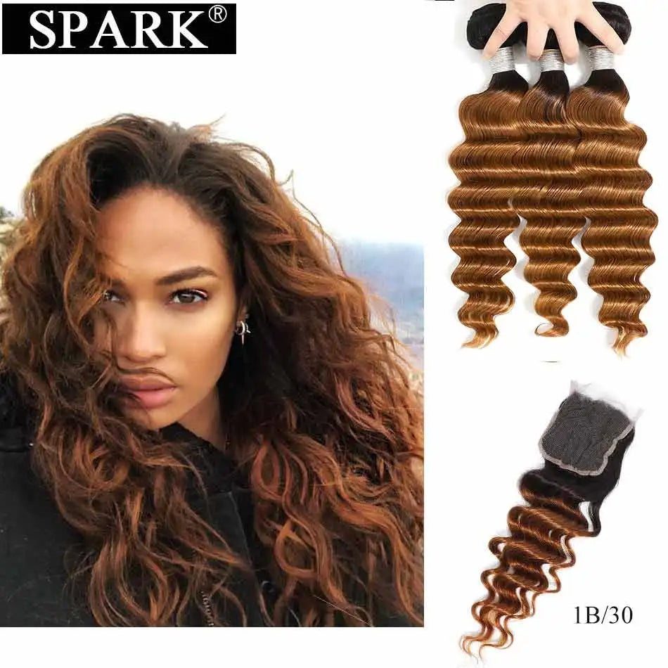 Spark Brazilian Loose Deep Wave Bundles With Closure Ombre Hair Human Hair With Lace Closure Remy Hair Extension Medium  Ratio