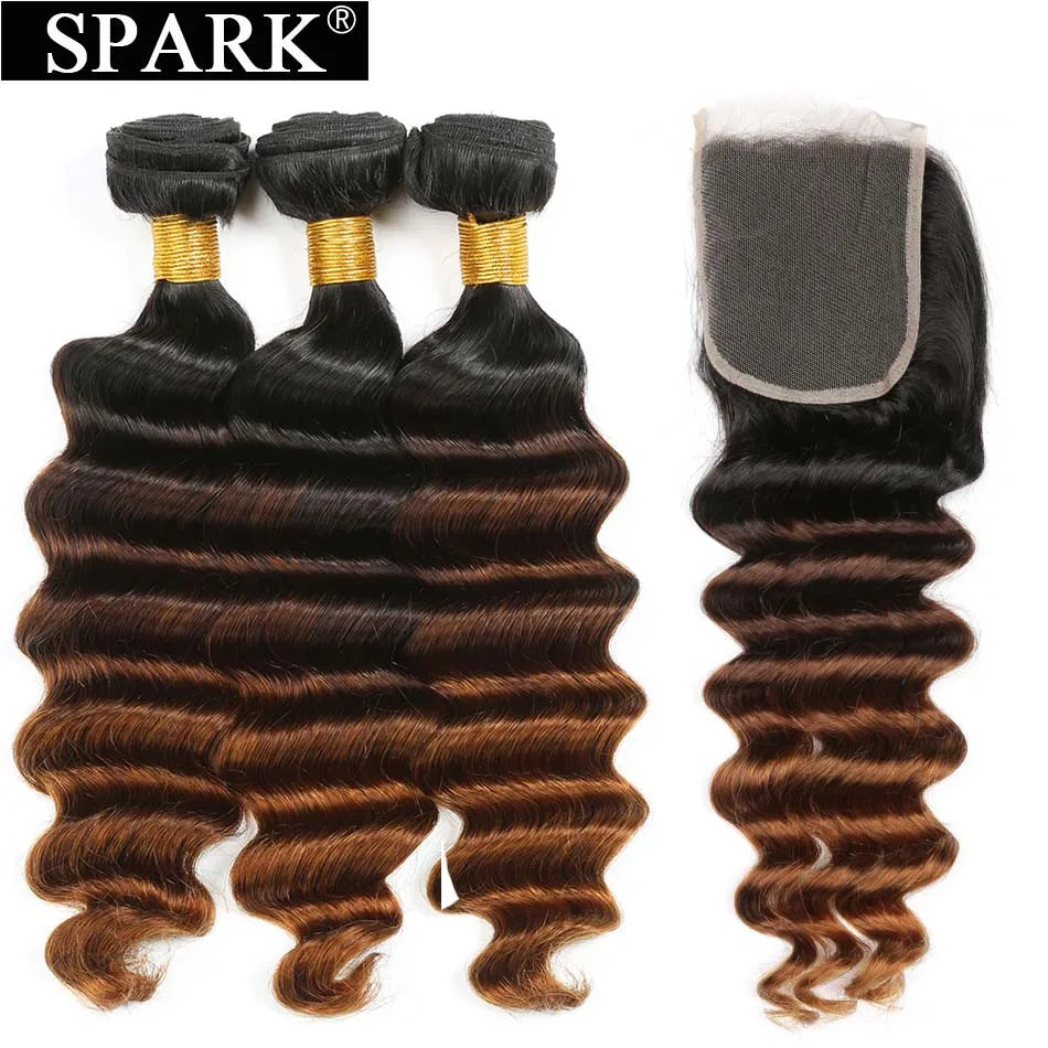 Spark Brazilian Loose Deep Wave Bundles With Closure Ombre Hair Human Hair With Lace Closure Remy Hair Extension Medium  Ratio