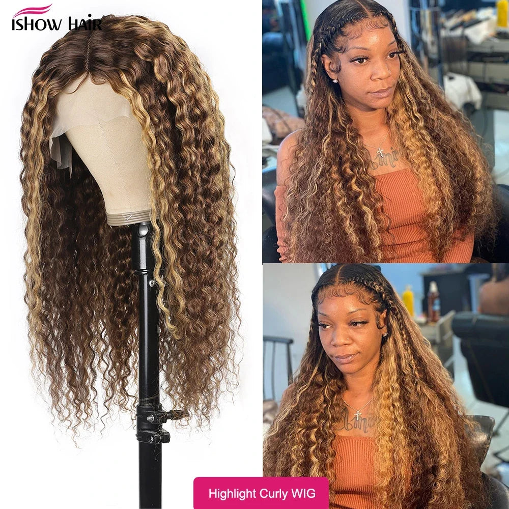 Ishow Kinky Curly Highlight Wig Human Hair Transparent 13x4 Lace Front Human Hair Wigs Pre Plucked P4 27 Colored Wig