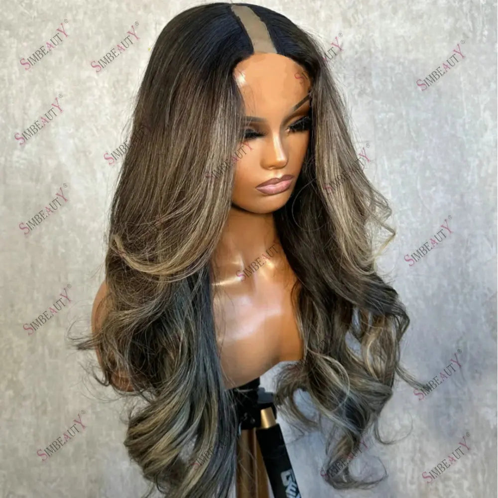 180Density Long Wavy U Part Wig Human Hair Glueless Brown Highlight Ash Blonde 2x4 Size V Part WIg 100%Remy Human Hair for Women