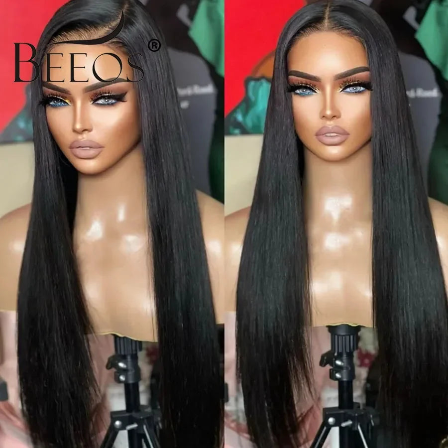 Yaki Straight Invisi-Drawstring 360 HD Lace Frontal Human Hair Wigs Glueless Lace Front Wig 250% Density Natural Color 32 Inches