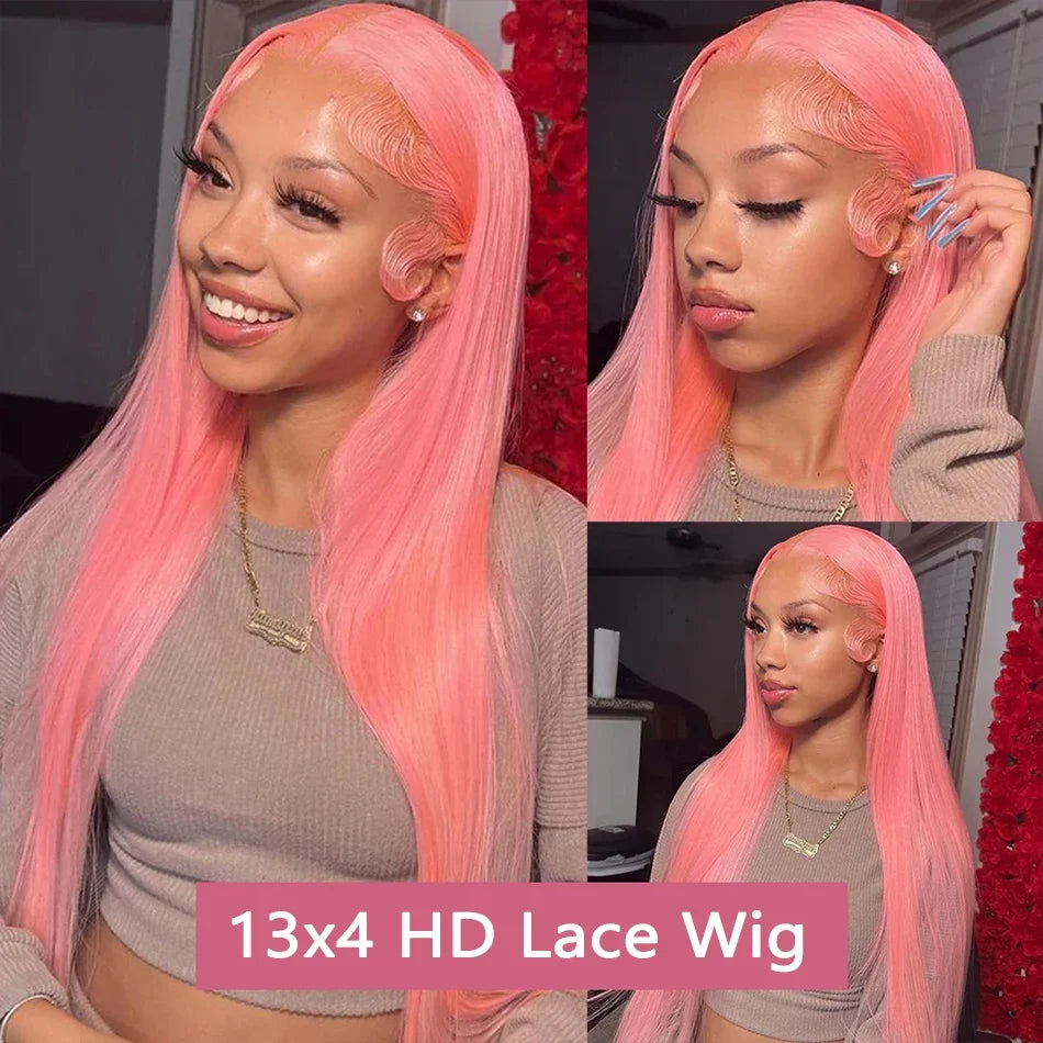 Pink Straight Lace Front Wig Human Hair 13x4 HD Lace Frontal Human Hair Wig Glueless Transparent Brazilian Pink Hair Colored Wig