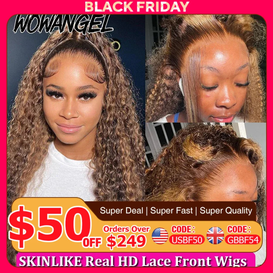 WOWANGEL 13X6 HD Lace Front Wigs Highlight Curly Wigs Bye Bye Knots 13x4 Lace Frontal Human Hair Wigs Water Wave Wigs For Woman