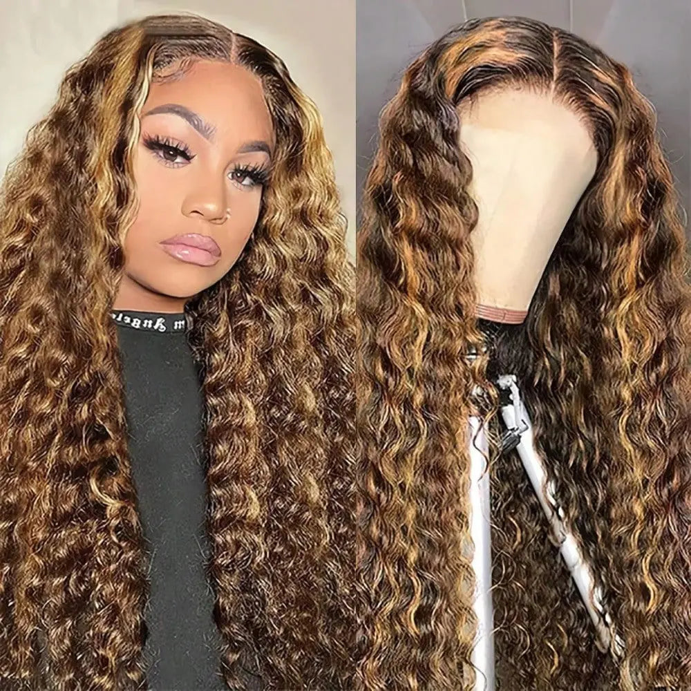 34 Inch 250 Density 13x4 Lace Front Brazilian Human Hair Wig Deep Wave Curly Highlight 4/27 Blonde Brown Natural Look For Women