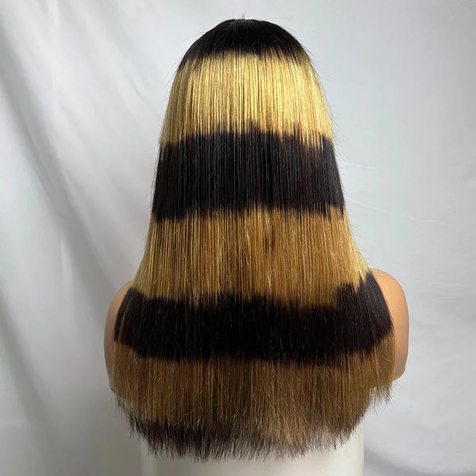 Leopard print Bone Straight Wig With Bangs Dark and Blond Human Hair Wigs For Women Full Machine Made Fringe Glueless Wig
