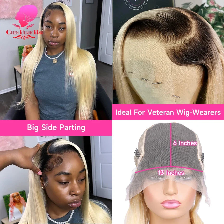 13x6 Lace Frontal Wig 1B 613 Ombre Blonde Full Lace Human Hair Wig Dark Roots Pre Plucked  Lace Front Human Hair Wigs for Women