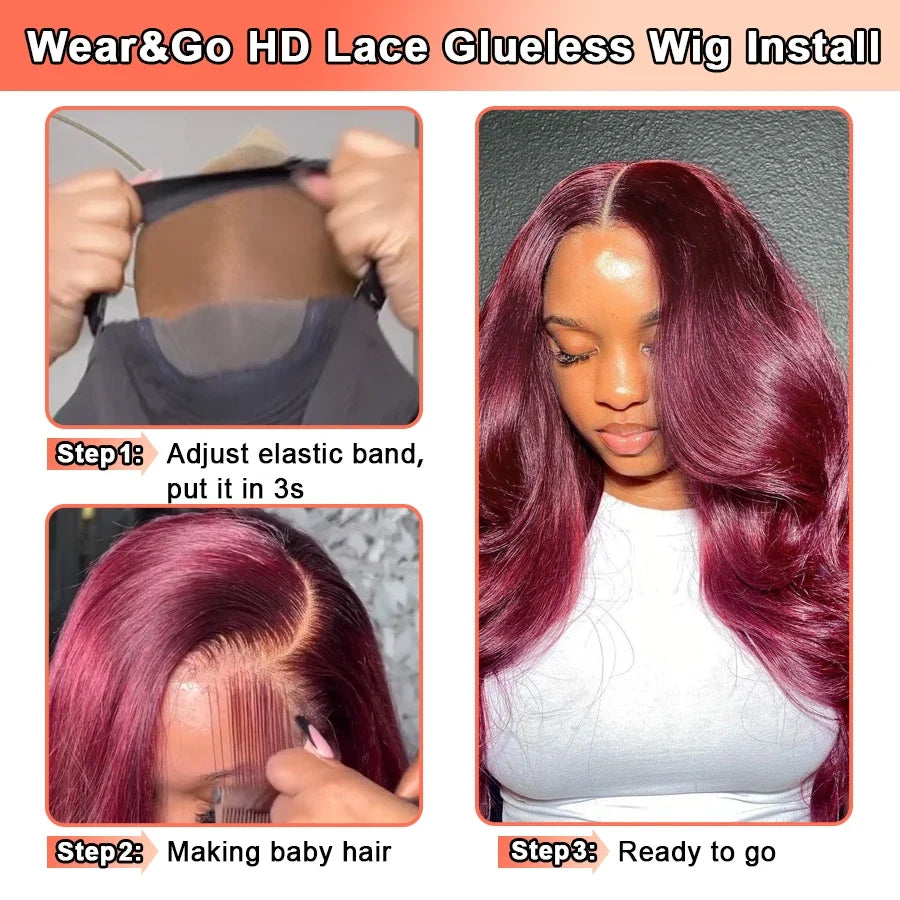 BEEOS Pre Cut 99j Red Glueless Wig Human Hair Ready To Wear Pre plucked Body Wave 36in 5x5 Lace Closure Pre Everything Burgundy