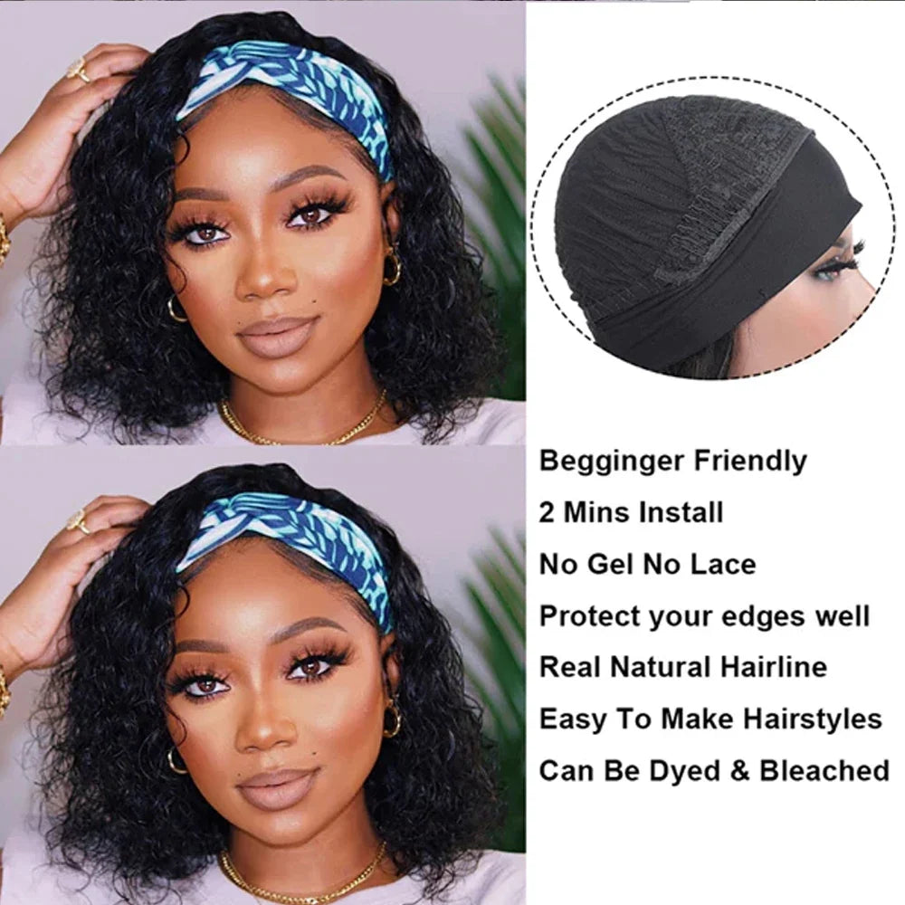 Glueless Deep Wave Headband Wig Human Hair Natural Black Curly Headband Wigs for Black Women 180% Density Brazilian Virgin Hair