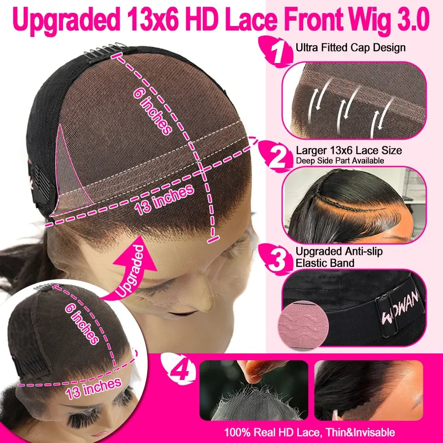 34in Jet Black 13x6 HD Transparent Lace Frontal Wigs Bone Straight Pre Plucked Real HD Lace Front Wigs Glueless 250% Virgin Hair