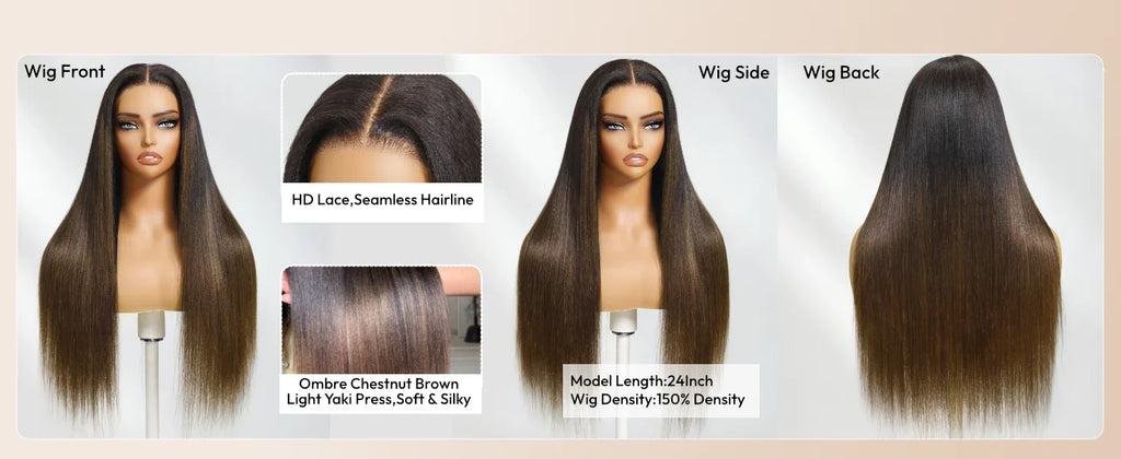 UNice 7x5 Bye Bye Slip Black to Chestnut Brown Ombre Yaki Straight Human Hair Wigs With Invisi Drawstring