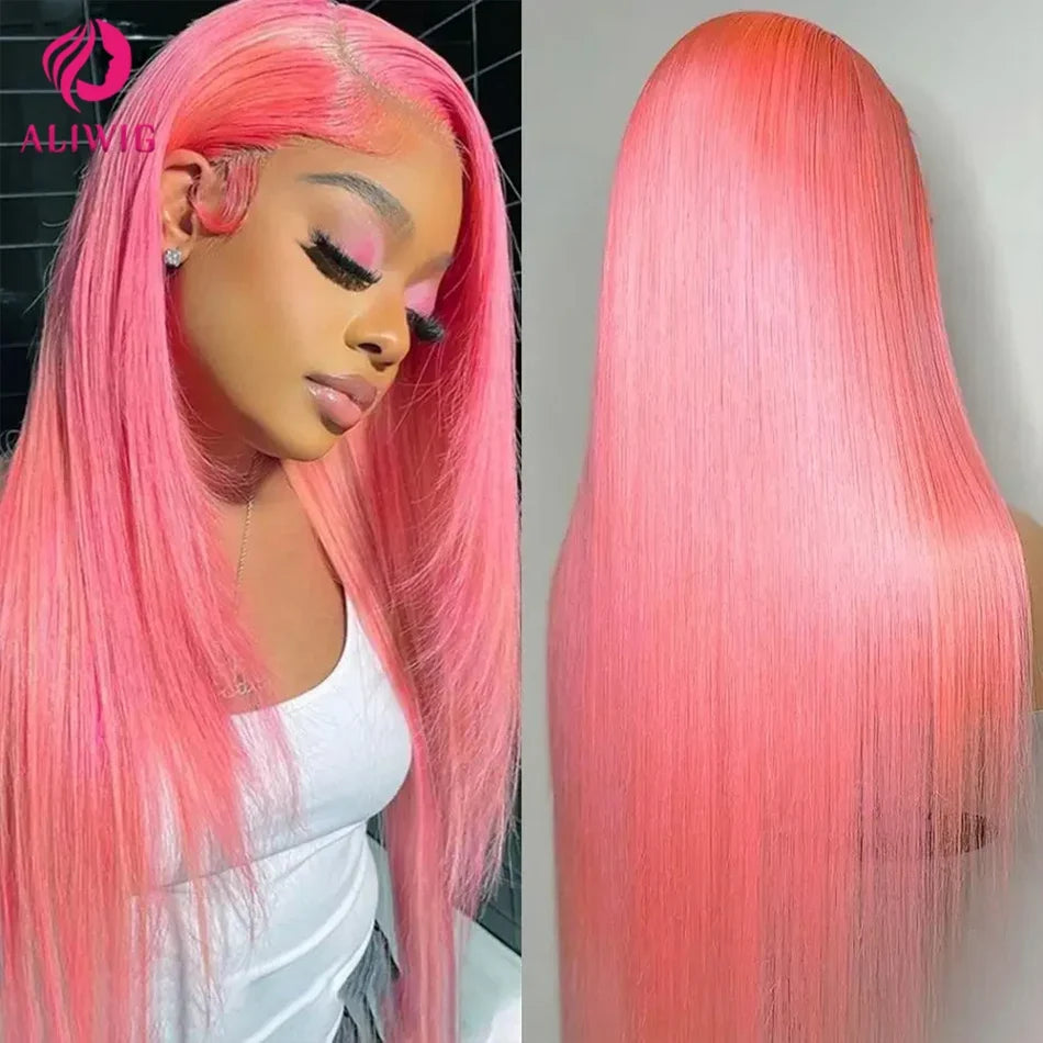 Pink Straight Lace Front Wig Human Hair 13x4 HD Lace Frontal Human Hair Wig Glueless Transparent Brazilian Pink Hair Colored Wig