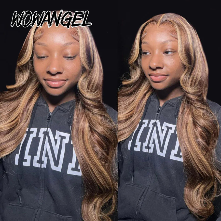Wow Angel 13X6 HD Lace Frontal Human Hair Wigs 250% Highlight Body Wave Wigs Full Lace Wigs Melt Skins Ombre Colored Wigs