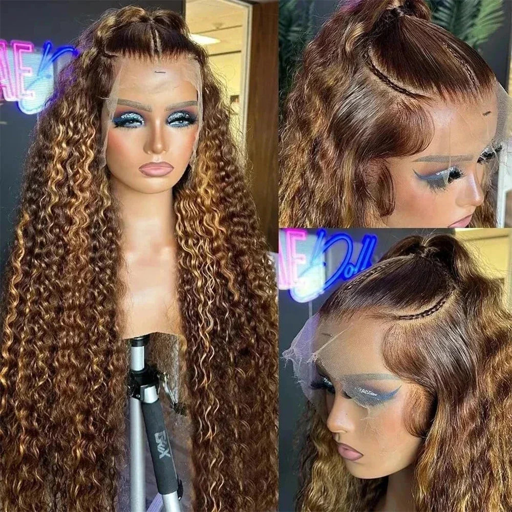 Highlight Invisible Strap HD 360 Full Lace Wig Drawstring Human Hair Wigs P4/27 360 Lace Front Wig Deep Curly Glueless Wig