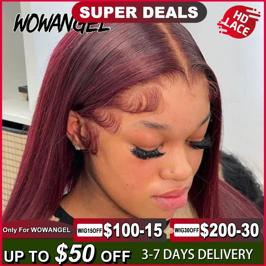Pre Cut Lace Wig 99J Burgundy 13x6 HD Lace Frontal Human Hair Wig 30inch Straight Wigs Melt Skins 250% Red Colored Wig For Woman