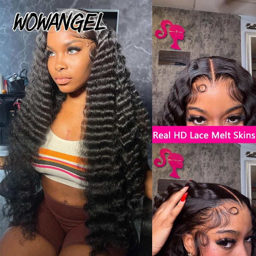 Wow Angel Deep Wave 13x6 HD Lace Frontal Wigs 250% Jet Black HD Lace Front Human Hair Wigs Skinlike Natural Hairline Remy hair