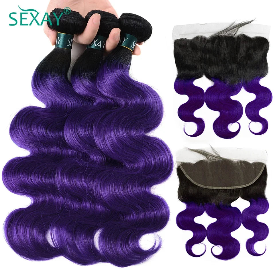 Ombre Blue Bundles With Frontal Pre Plucked Brazilian Body Wave 1B Blue Color Human Hair Weave 3 Bundles With 13x4 Lace Frontal