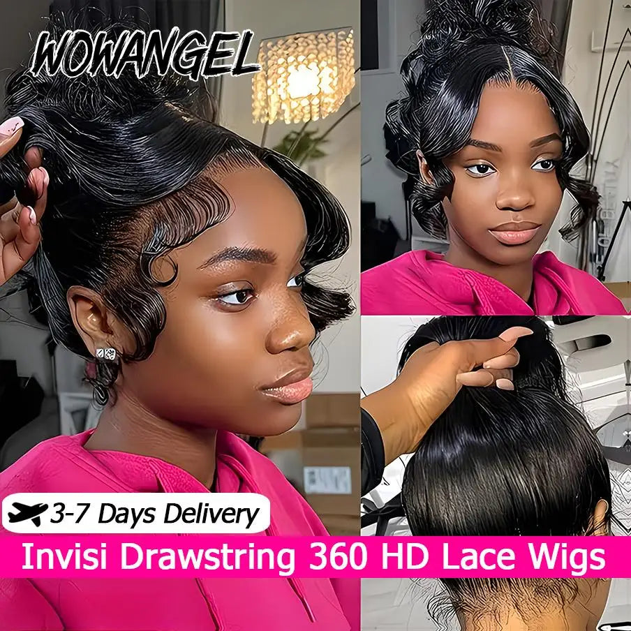 WOWANGEL Hidden Strap 360 Full Lace Frontal Wig Glueless Pre Everything Body Wave Lace Front Human Hair Wigs Invisi Drawstring