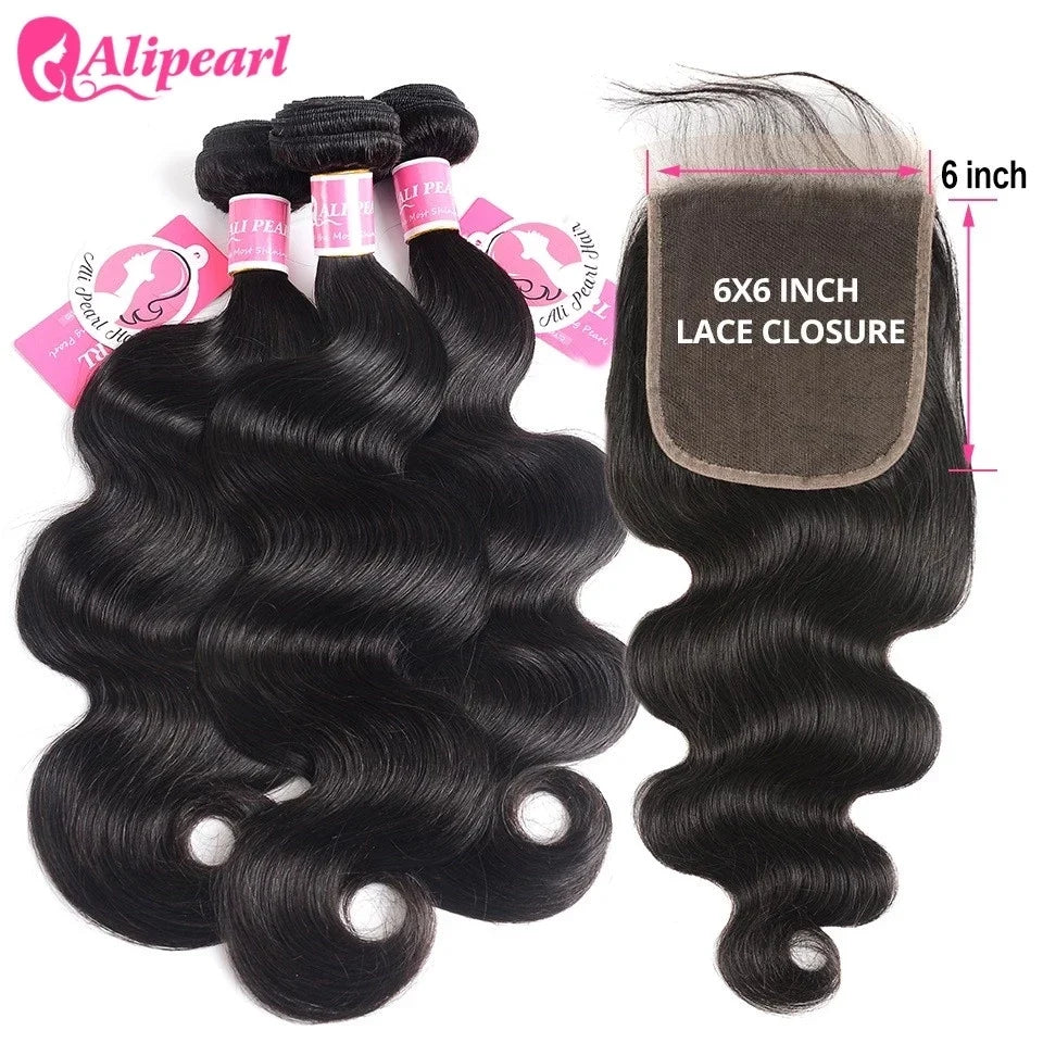 AliPearl Human Hair Bundles With Transparent Lace 6x6 Closure Brazilian Body Wave Bundle With Closure Human Hair Weave Extension