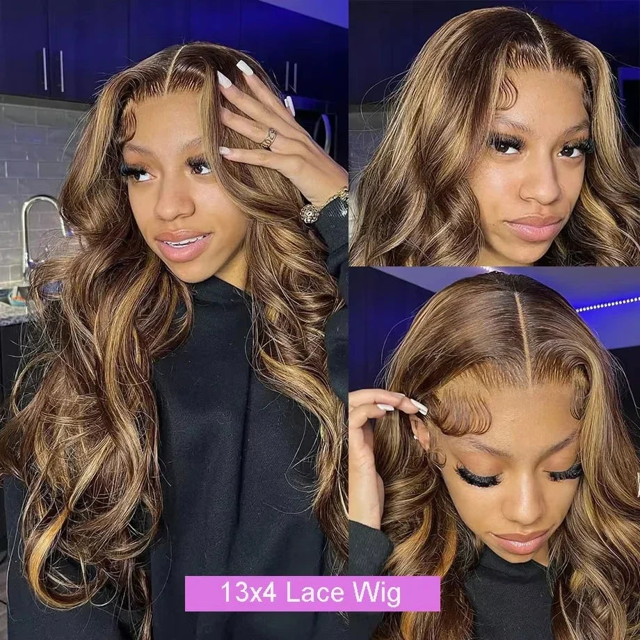 Body Wave 13x4 Hd Transparent Lace Front Wig Colored Highlight Human Hair Wigs For Women Brazilian 4/27 Blonde Pre Plucked Wigs