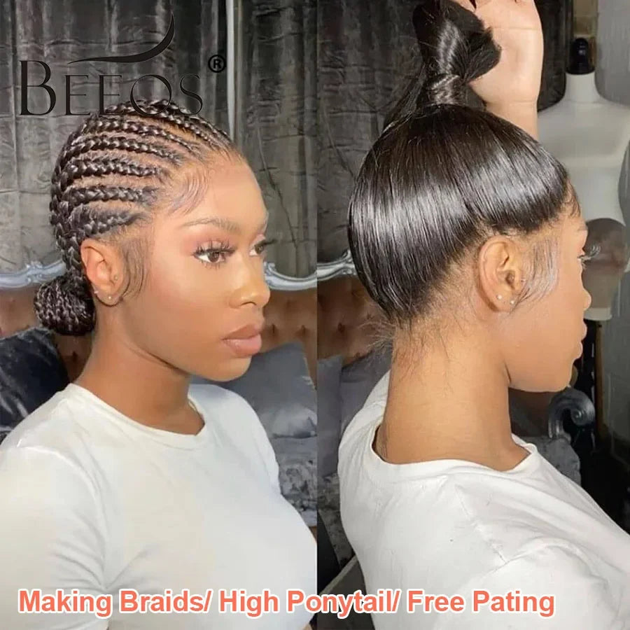 BEEOS 34in Real HD Full Lace Wig Silky Straight Braided Wigs Natural Pre plucked Lace Frontal Human Hair Wigs For Women Skinlike