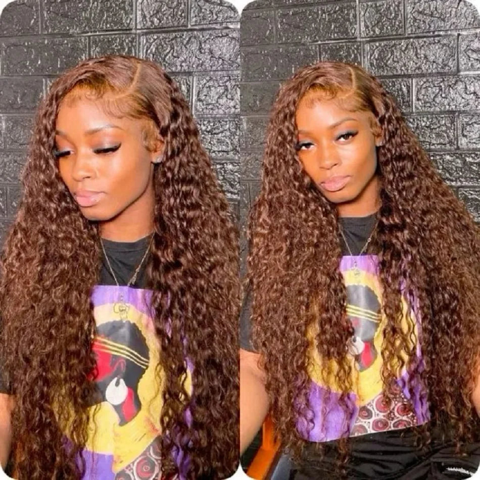 13x4 Chocolate Brown Water Curly Lace Front Wig #4 Colored Human Hair Wigs Pre Plucked Deep Wave 13x6 HD Lace Frontal Wigs 200%