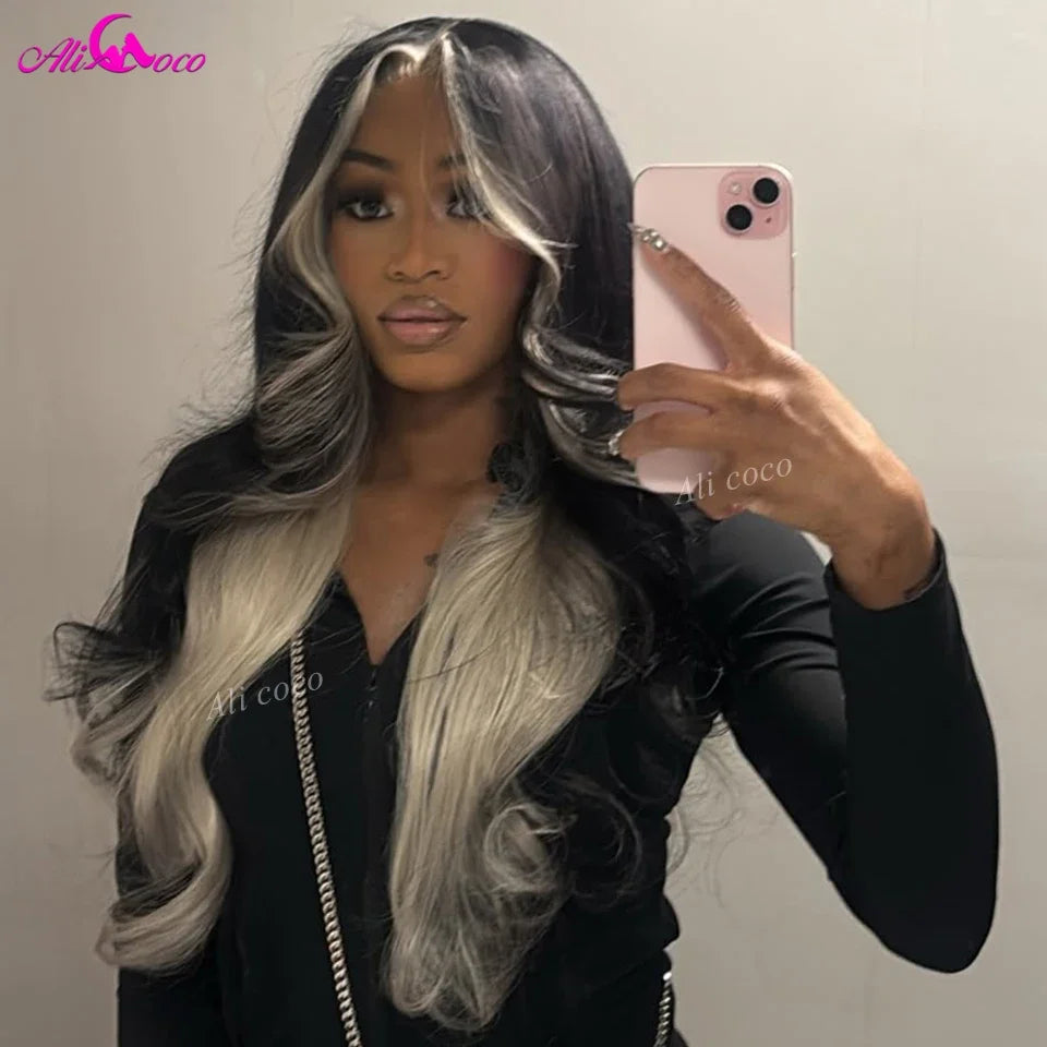Ombre Natural Black with 613 Inside Colored Transparent Lace Front Human Hair Wig Highlight 613 Colored Pre Plucked Remy Hair